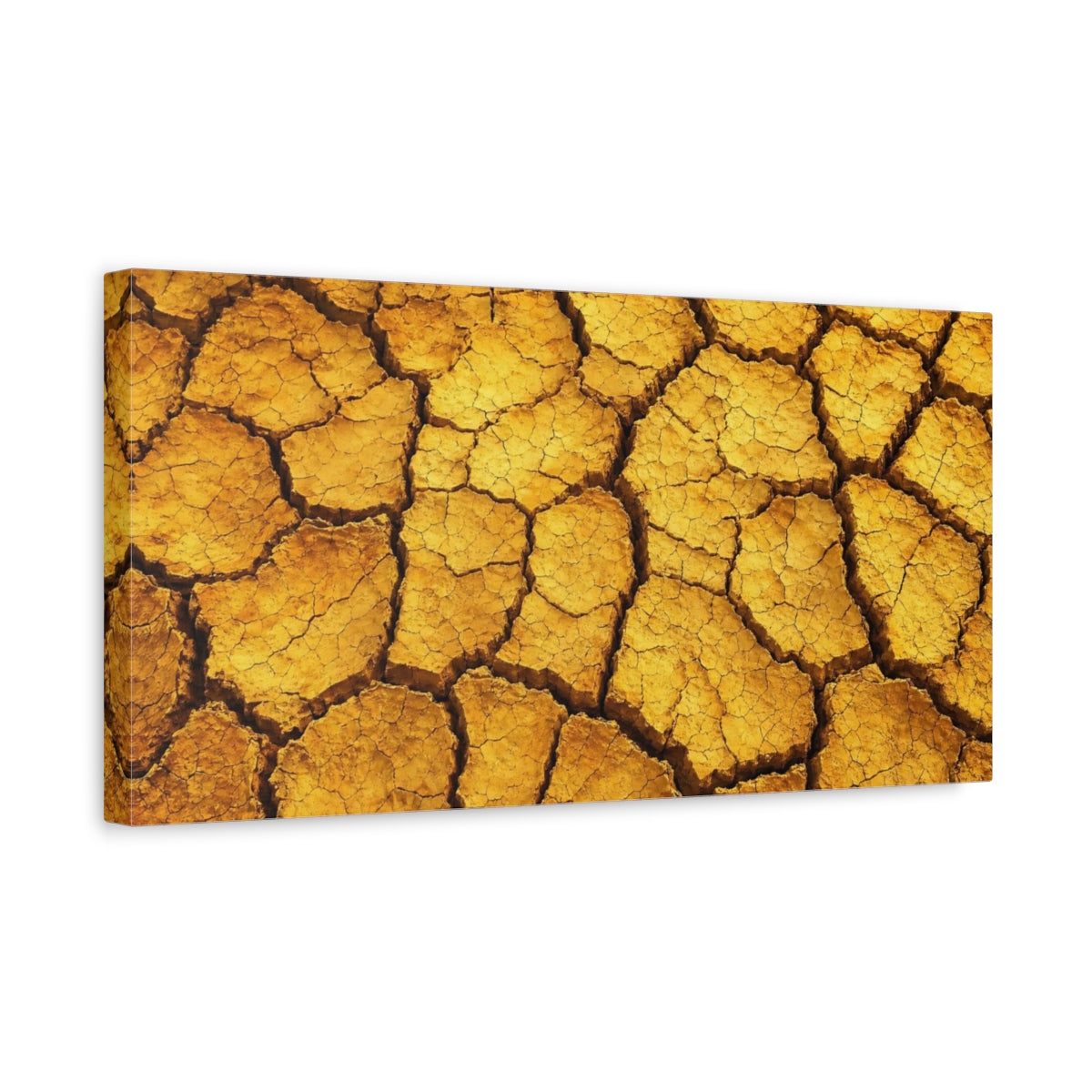 Side Mockup 3. Nature Cracked Earth Yellow Orange Texture shown as stretched canvas wall art