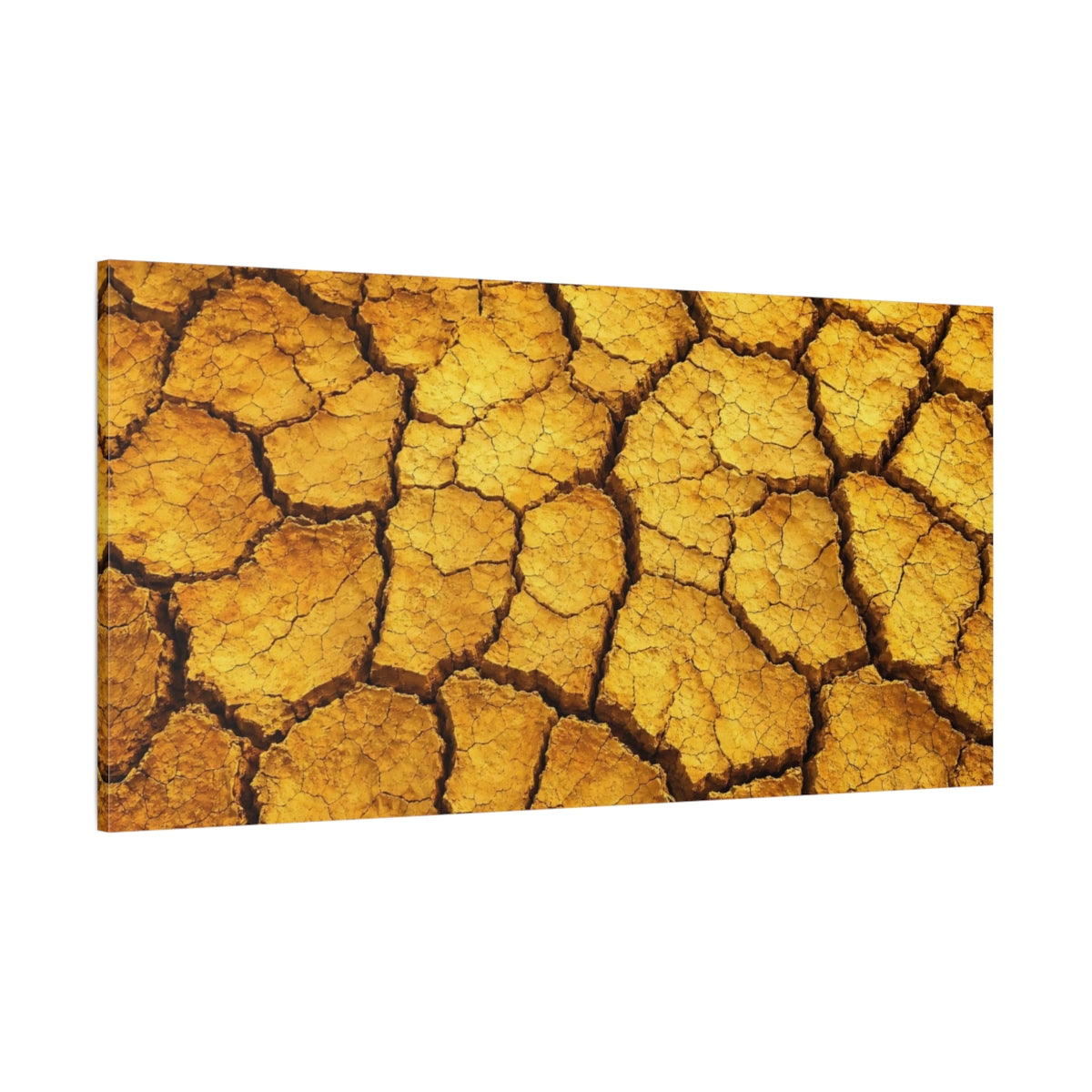 Side Mockup 2. Nature Cracked Earth Yellow Orange Texture shown as stretched canvas wall art