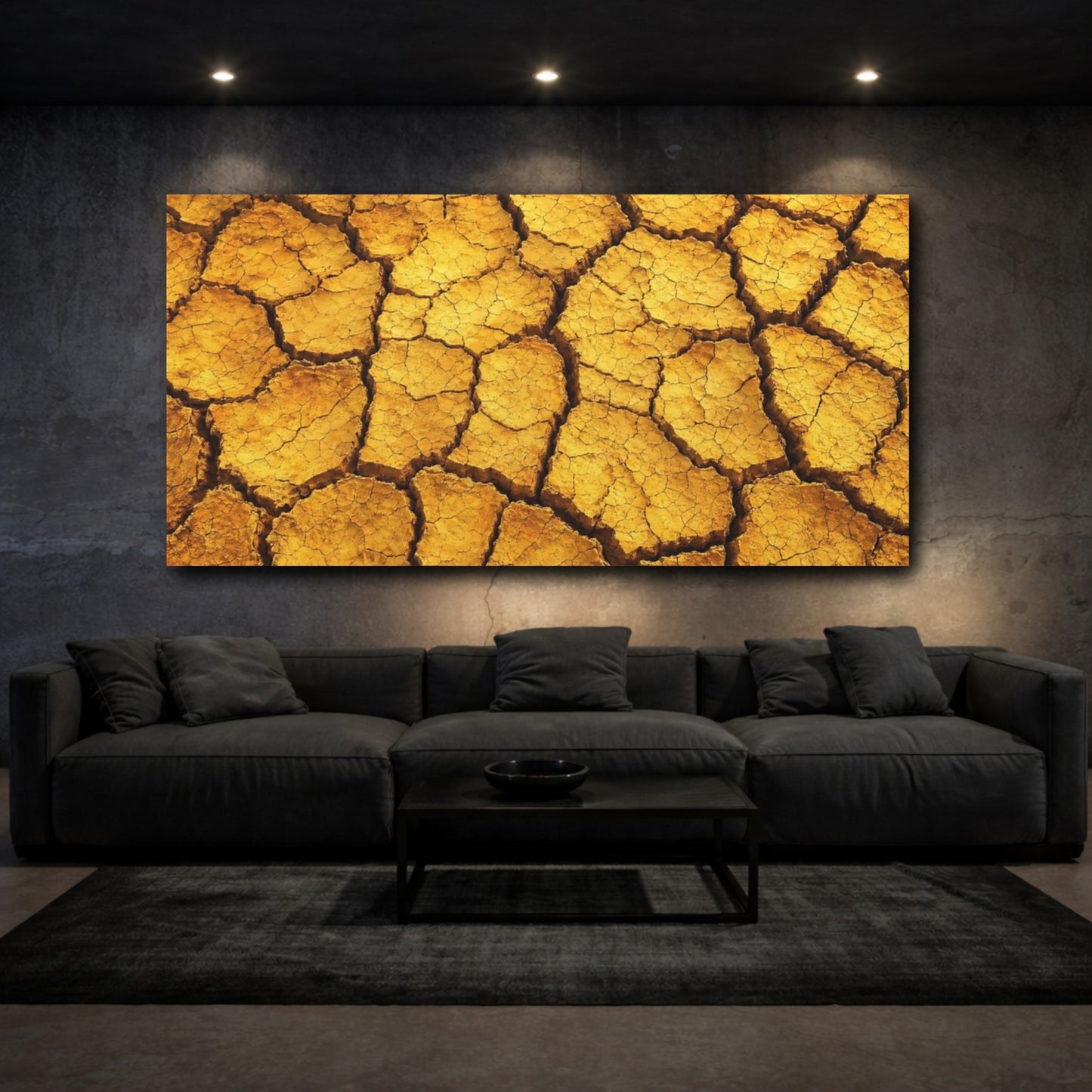 Mockup 2. Nature Cracked Earth Yellow Orange Texture shown as stretched canvas wall art
