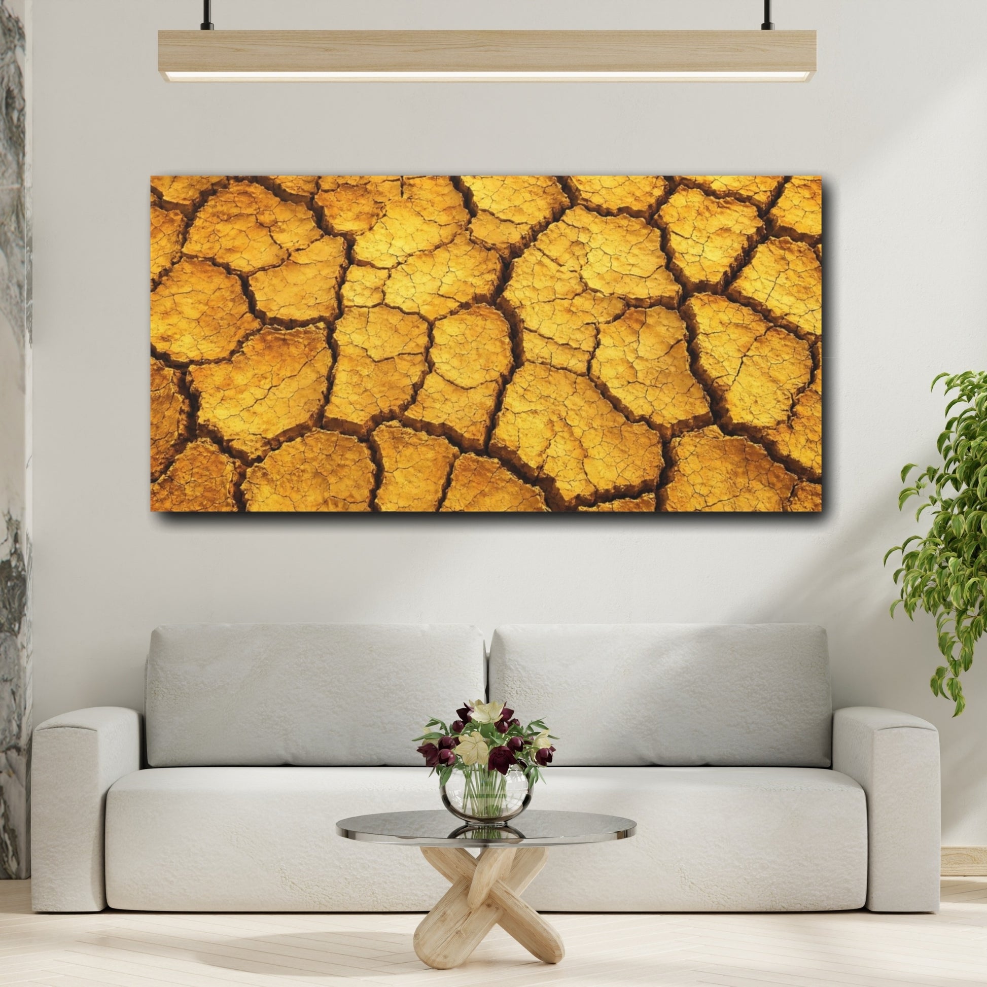 Mockup 3. Nature Cracked Earth Yellow Orange Texture shown as stretched canvas wall art
