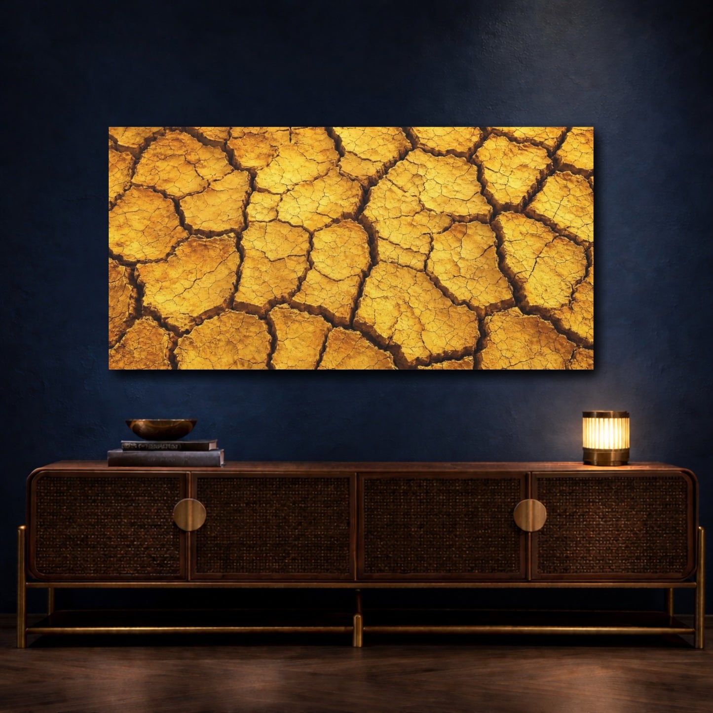 Mockup 4. Nature Cracked Earth Yellow Orange Texture shown as stretched canvas wall art