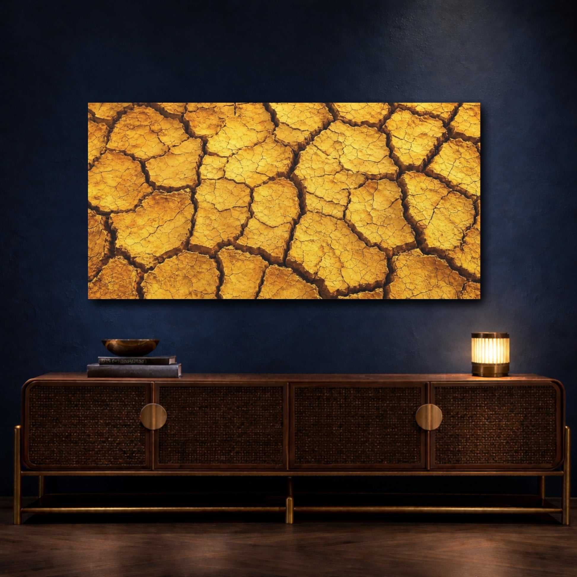 Mockup 4. Nature Cracked Earth Yellow Orange Texture shown as stretched canvas wall art