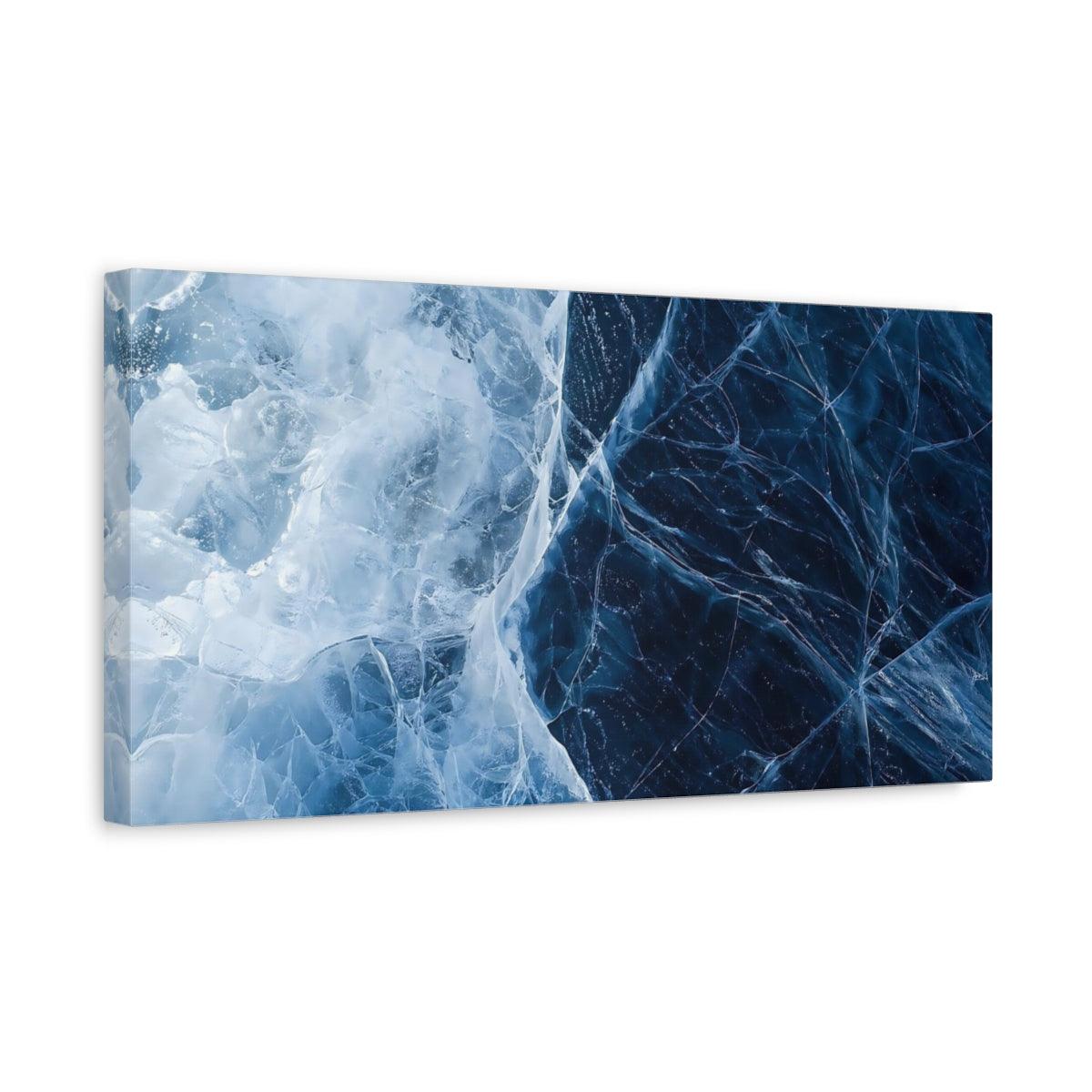 Side Mockup 3. Nature Cracked Ice Blue Ice shown as stretched canvas wall art