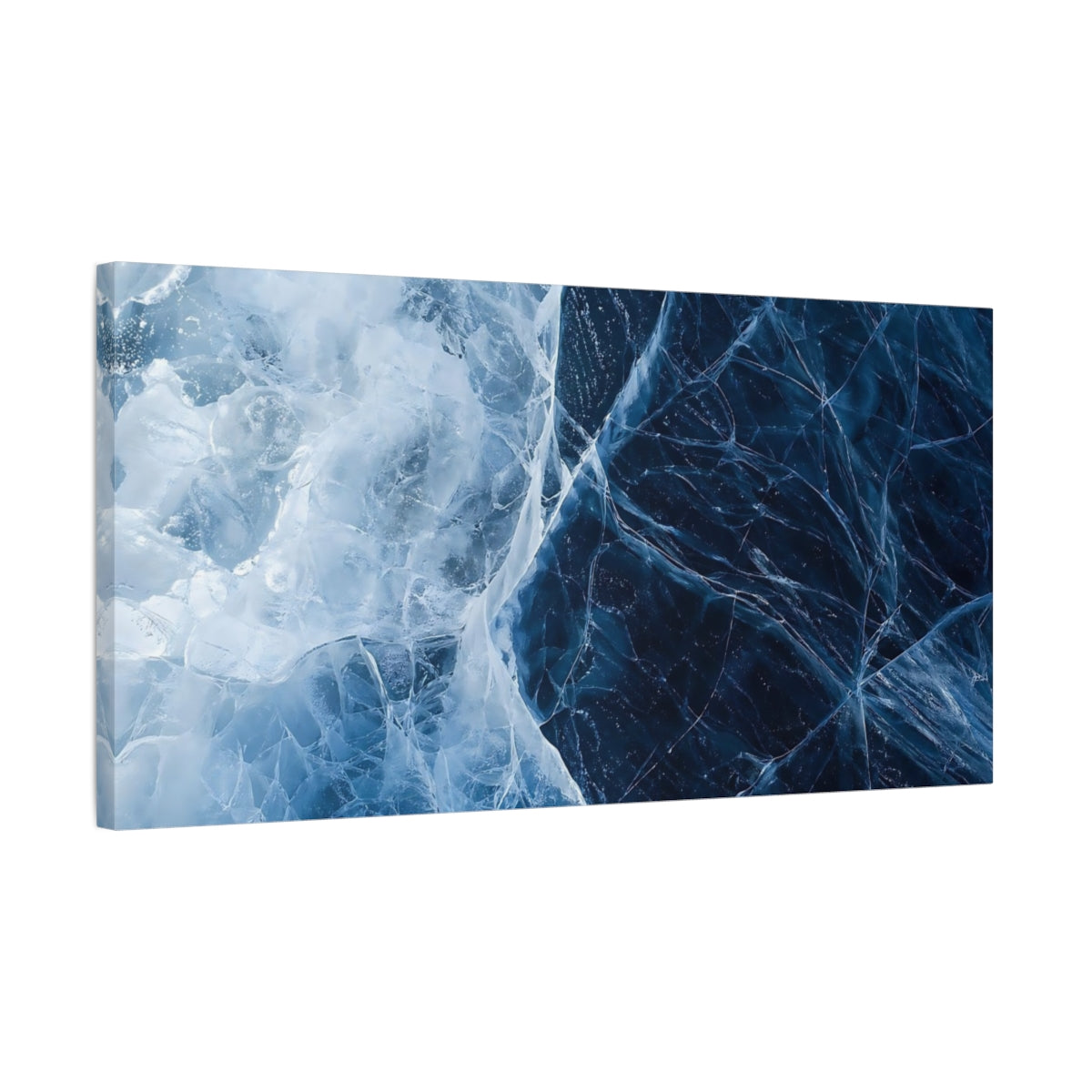 Side Mockup 1. Nature Cracked Ice Blue Ice shown as stretched canvas wall art