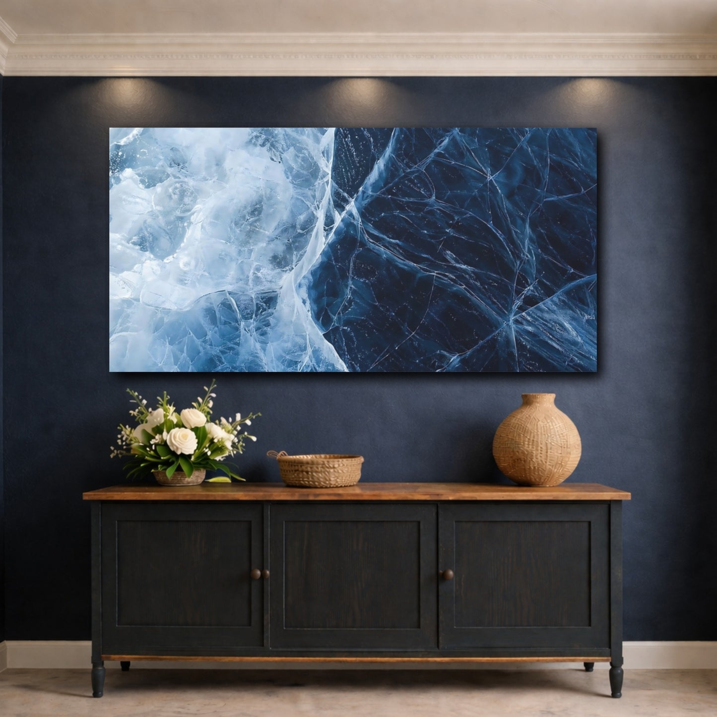 Mockup 4. Nature Cracked Ice Blue Ice shown as stretched canvas wall art