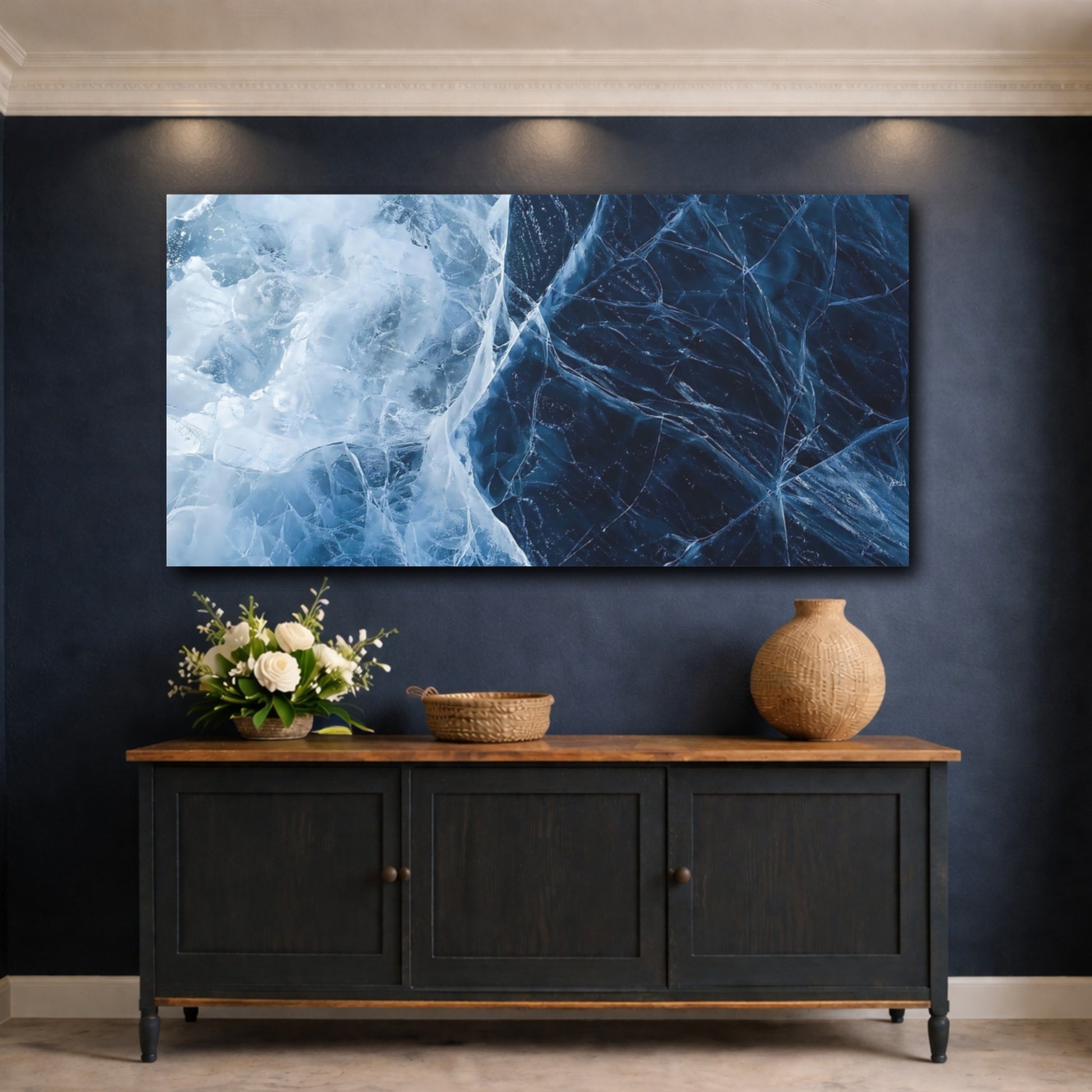 Mockup 4. Nature Cracked Ice Blue Ice shown as stretched canvas wall art