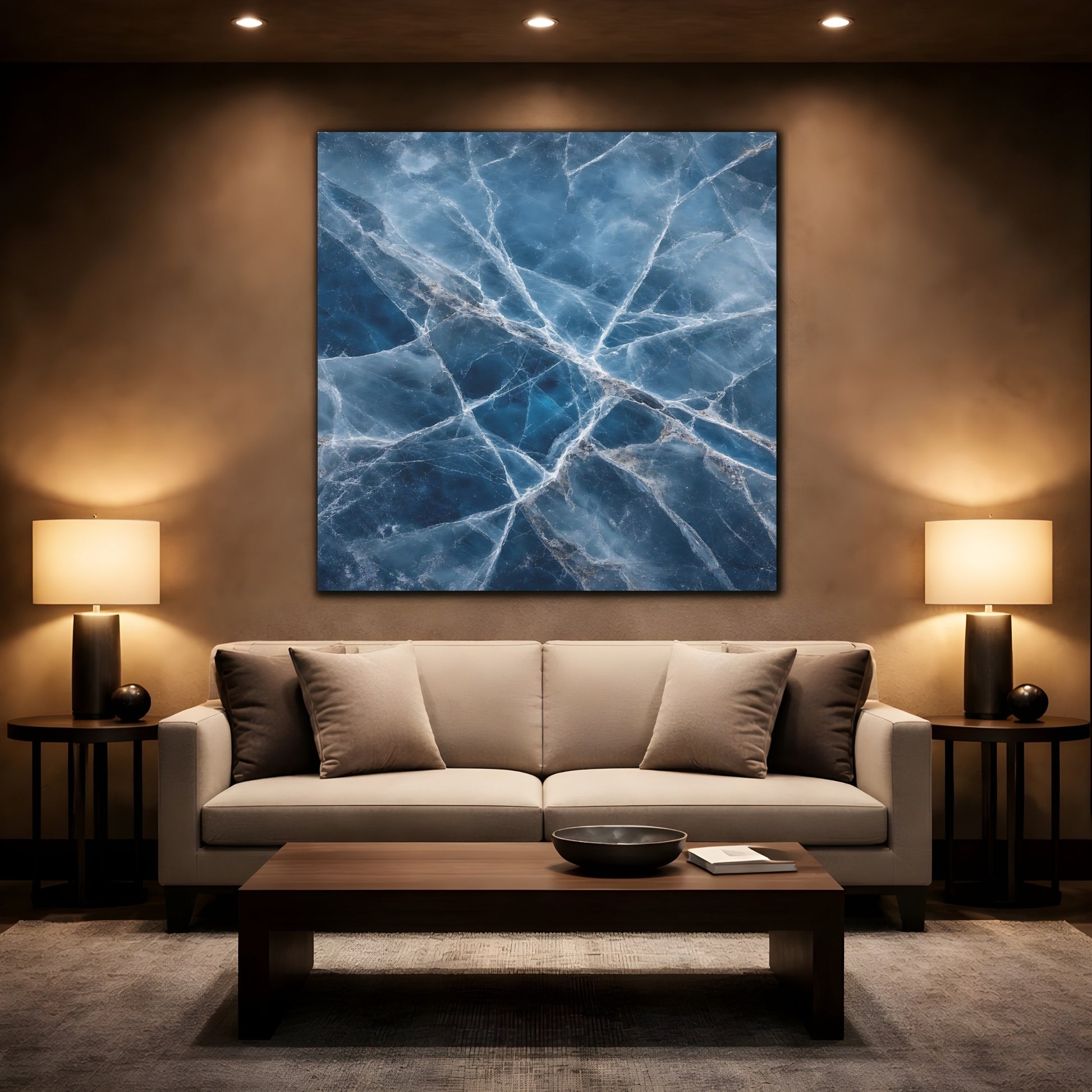 Mockup 2. Nature Cracked Ice Blue Ice Texture shown as stretched canvas wall art