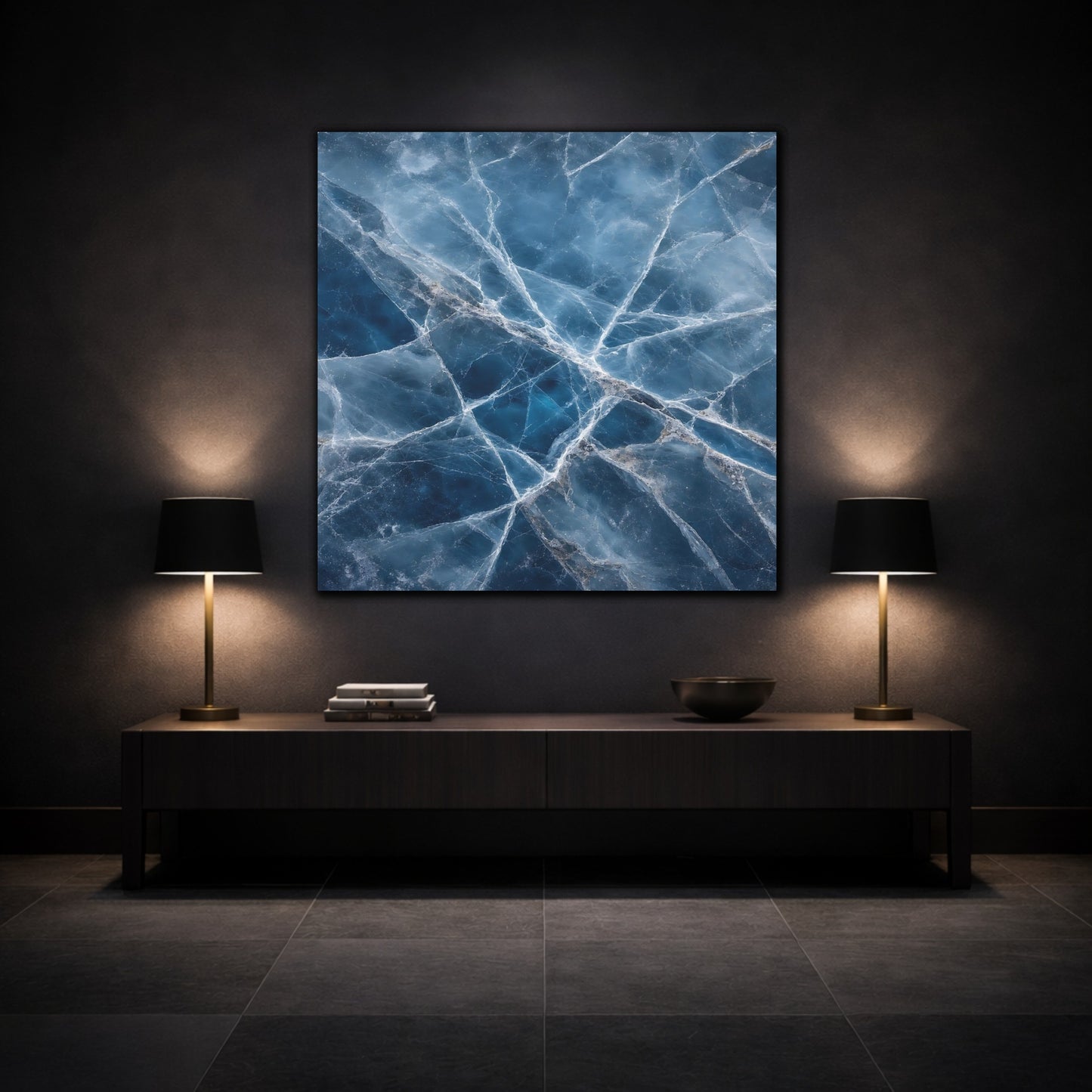Mockup 3. Nature Cracked Ice Blue Ice Texture shown as stretched canvas wall art