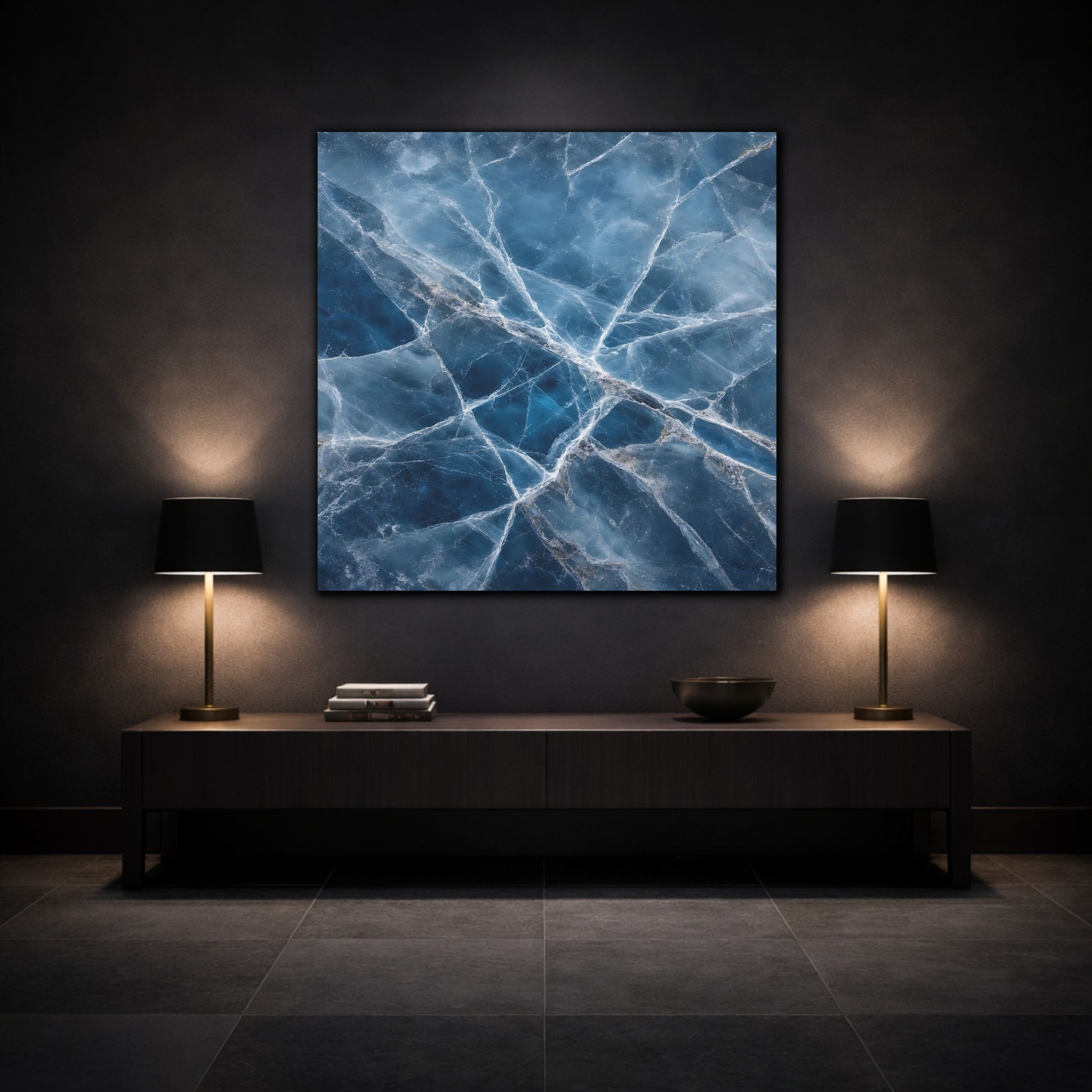 Mockup 3. Nature Cracked Ice Blue Ice Texture shown as stretched canvas wall art