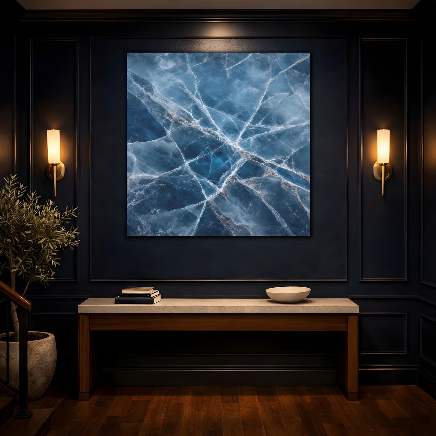 Mockup 4. Nature Cracked Ice Blue Ice Texture shown as stretched canvas wall art