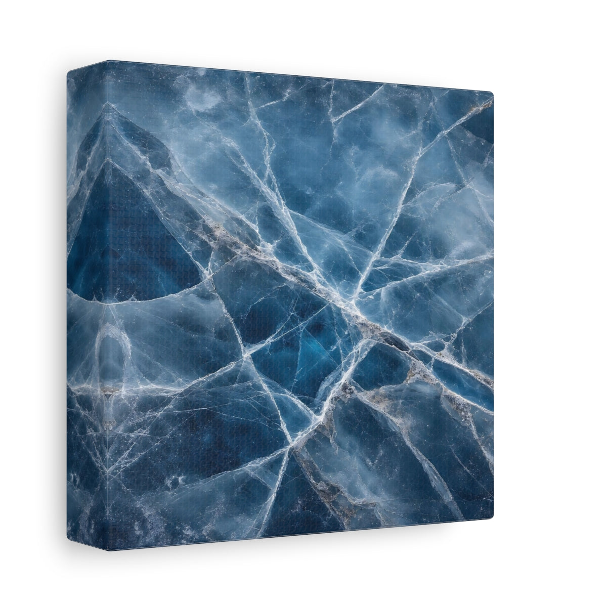 Side Mockup 2. Nature Cracked Ice Blue Ice Texture shown as stretched canvas wall art