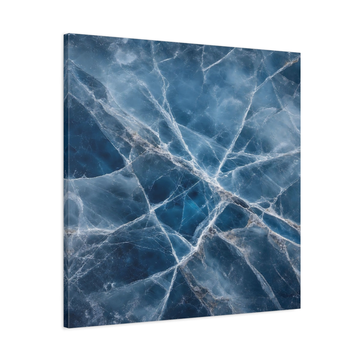 Side Mockup 3. Nature Cracked Ice Blue Ice Texture shown as stretched canvas wall art