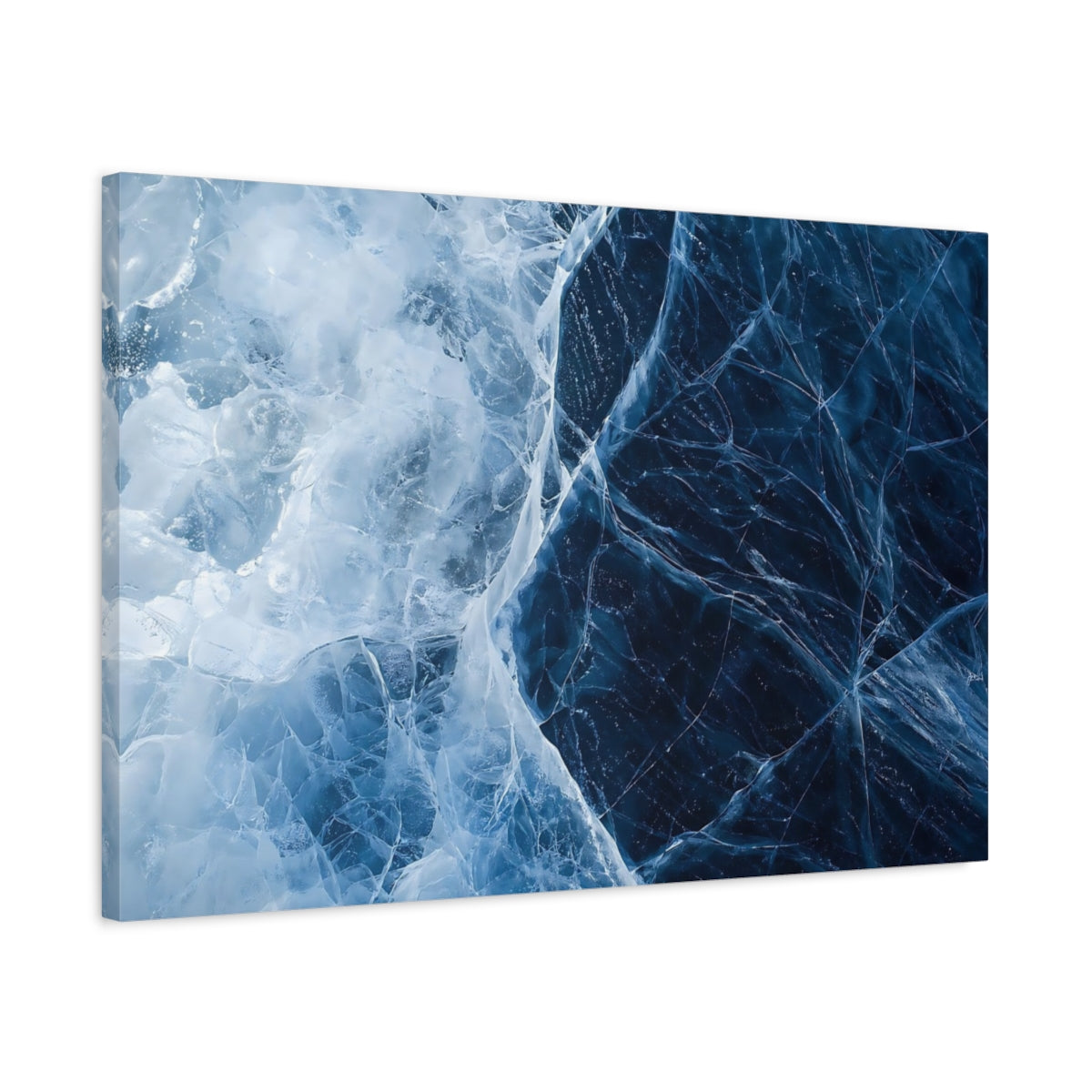 Side Mockup 2. Nature Cracked Ice Icy Blue Texture shown as stretched canvas wall art