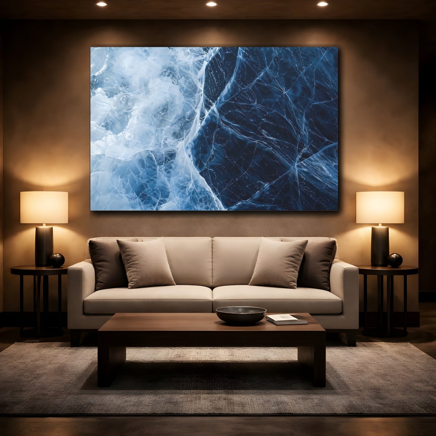 Mockup 2. Nature Cracked Ice Icy Blue Texture shown as stretched canvas wall art