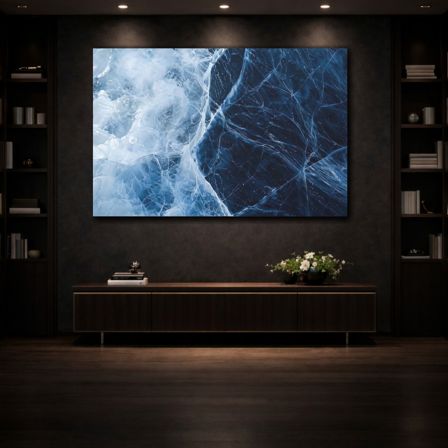 Mockup 3. Nature Cracked Ice Icy Blue Texture shown as stretched canvas wall art