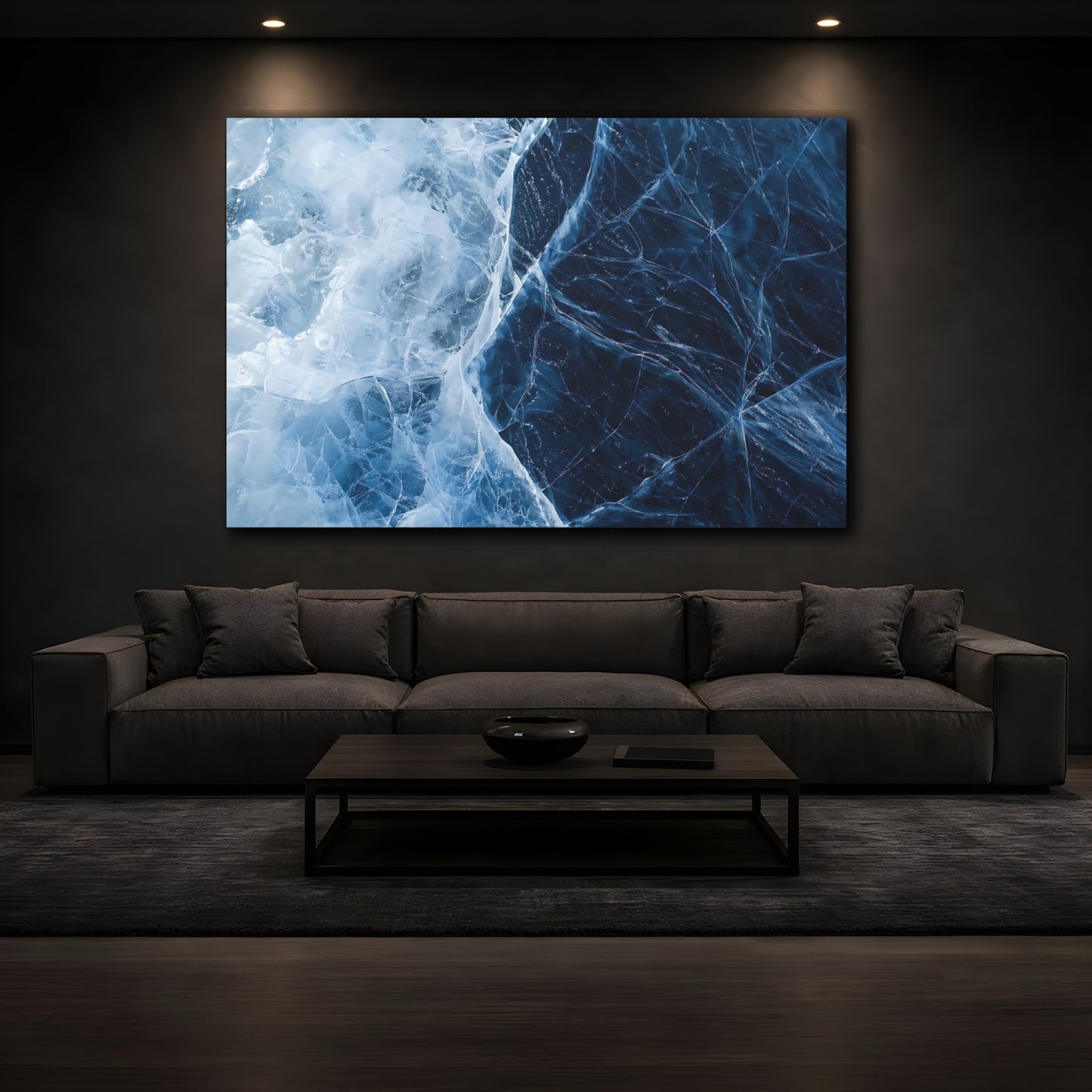 Mockup 4. Nature Cracked Ice Icy Blue Texture shown as stretched canvas wall art