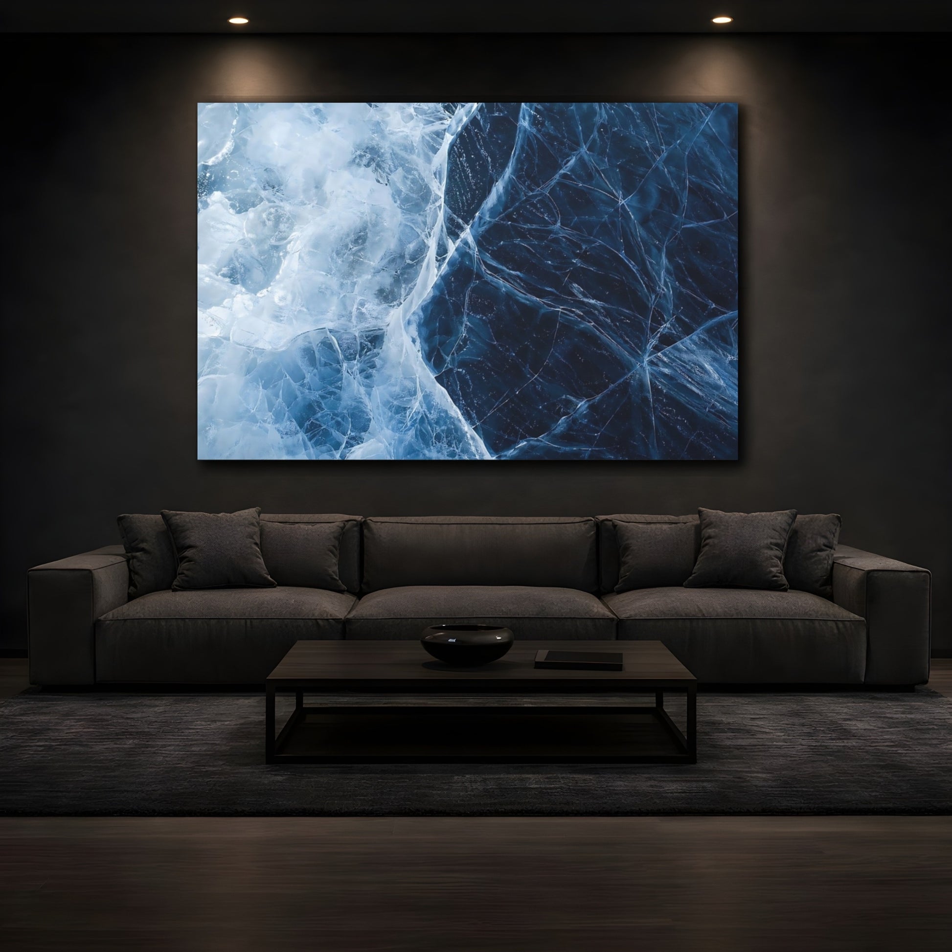 Mockup 4. Nature Cracked Ice Icy Blue Texture shown as stretched canvas wall art