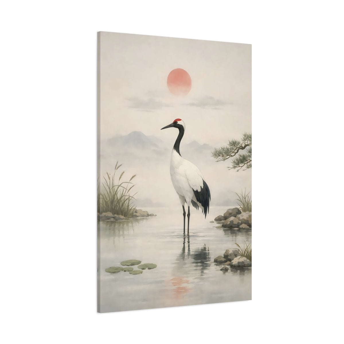 Nature Crane Muted Grey Red shown as stretched canvas wall art