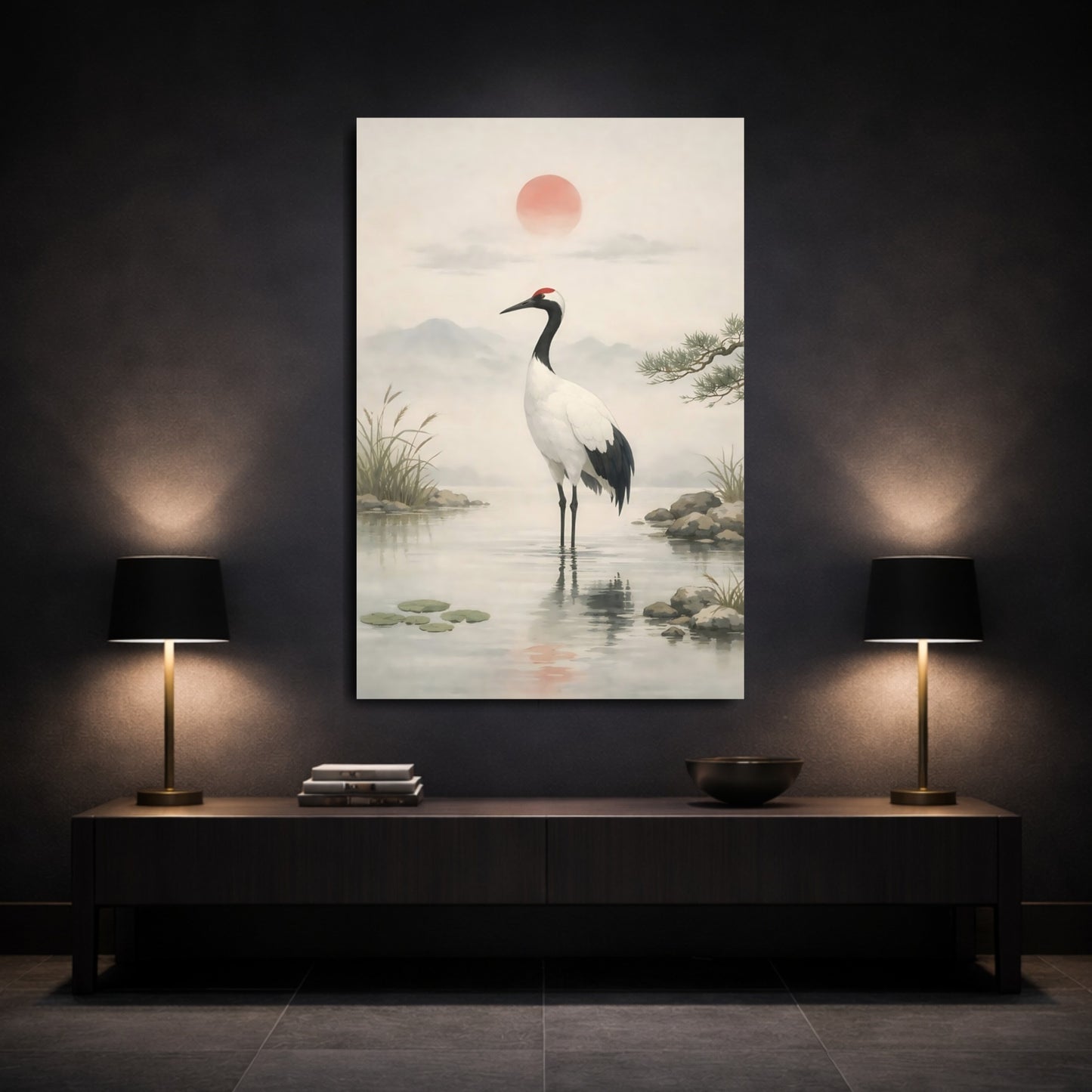 Nature Crane Muted Grey Red shown as front canvas room wall art