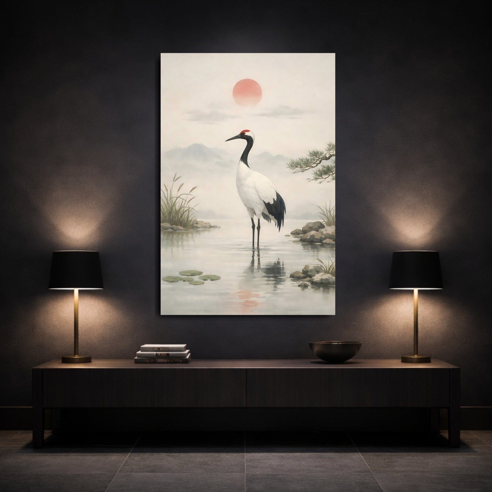 Nature Crane Muted Grey Red shown as front canvas room wall art