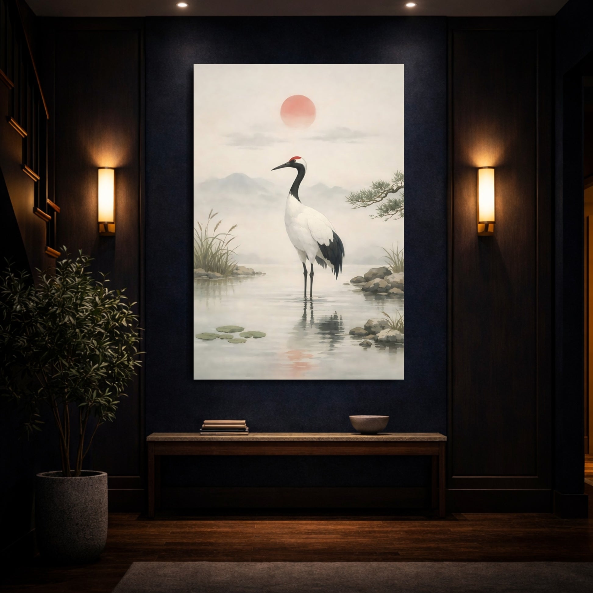 Nature Crane Muted Grey Red shown as front canvas room wall art
