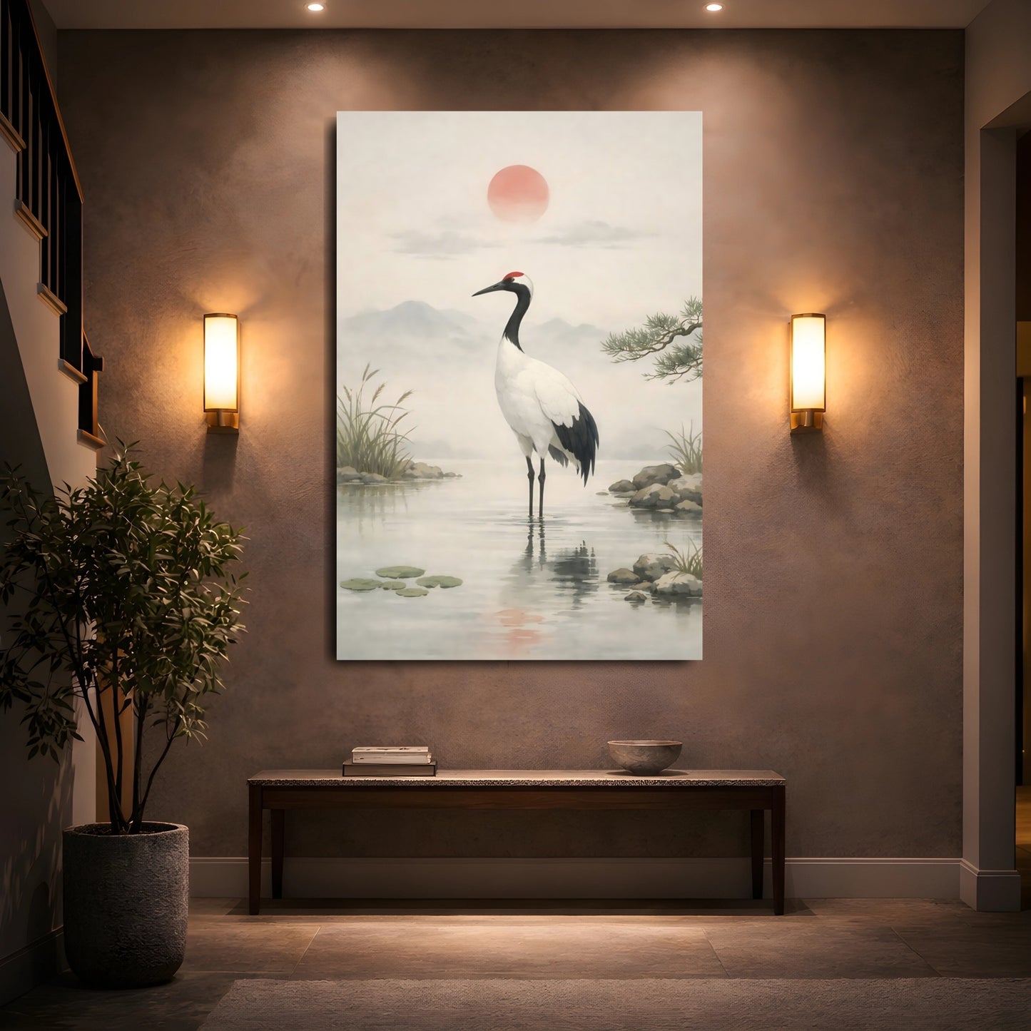 Nature Crane Muted Grey Red shown as front canvas room wall art