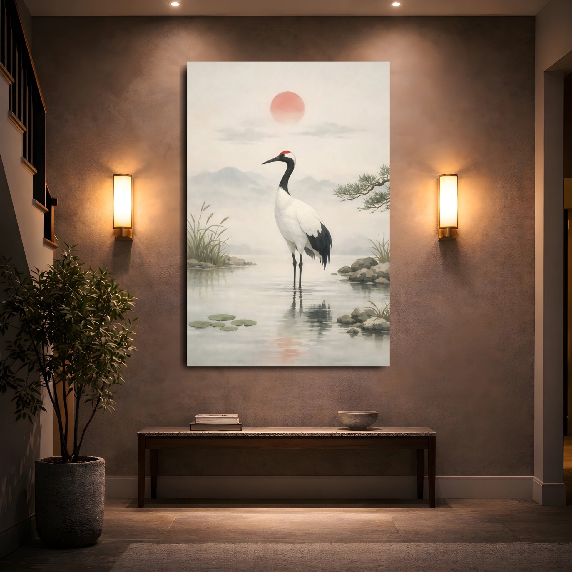 Nature Crane Muted Grey Red shown as front canvas room wall art