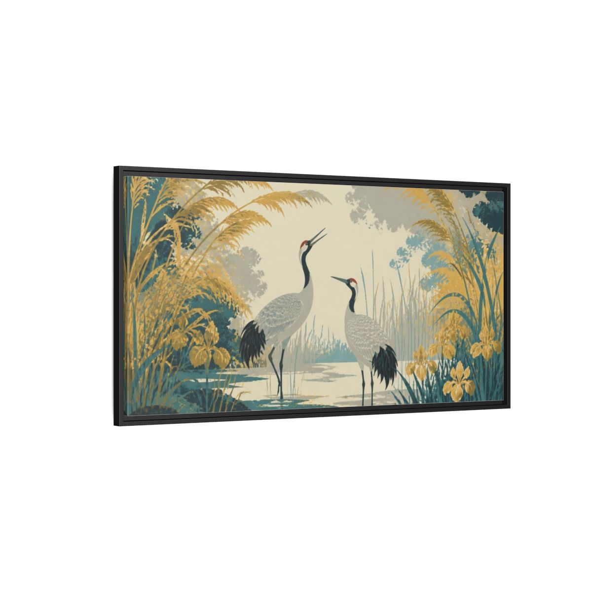 Side Mockup 5. Nature Crane Pair In Lagoon shown as framed canvas print