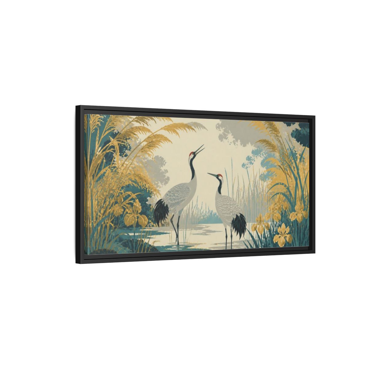 Side Mockup 2. Nature Crane Pair In Lagoon shown as framed canvas print