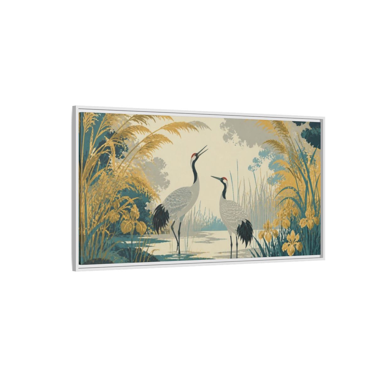 Side Mockup 3. Nature Crane Pair In Lagoon shown as framed canvas print