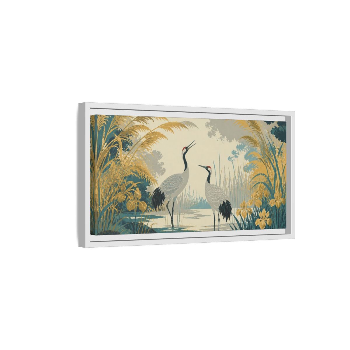 Side Mockup 6. Nature Crane Pair In Lagoon shown as framed canvas print