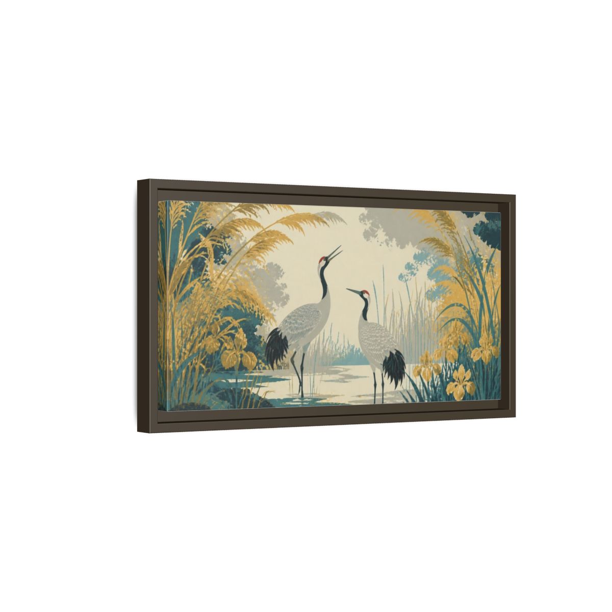 Side Mockup 7. Nature Crane Pair In Lagoon shown as framed canvas print