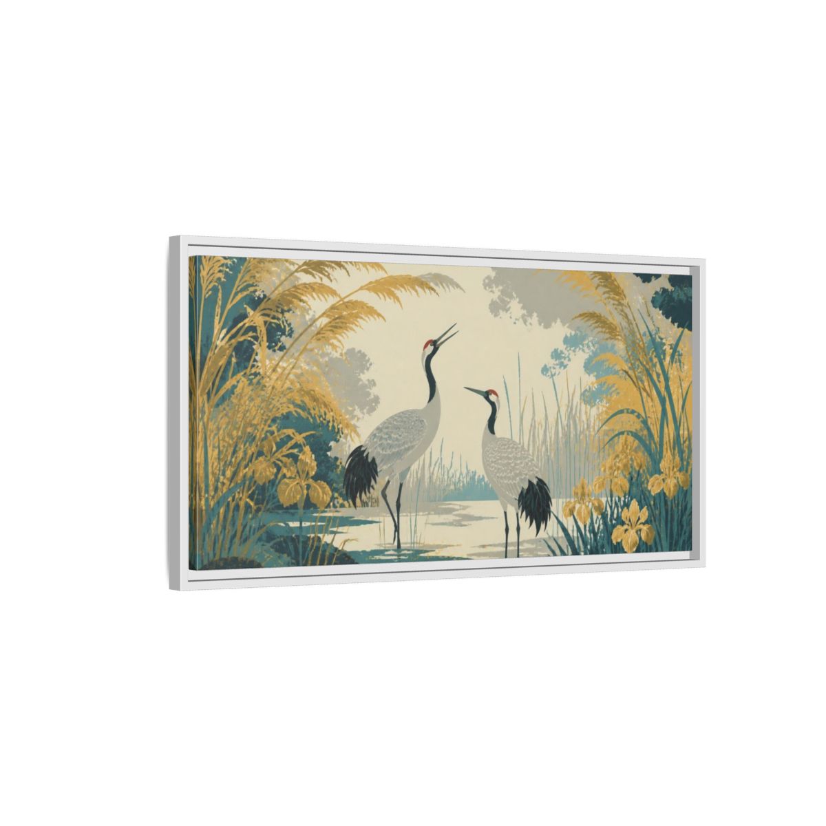 Side Mockup 1. Nature Crane Pair In Lagoon shown as framed canvas print