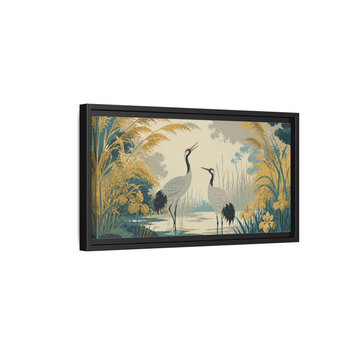 Side Mockup 8. Nature Crane Pair In Lagoon shown as framed canvas print