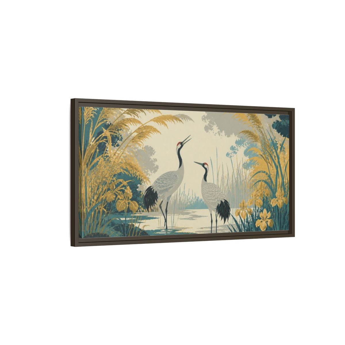 Main Mockup. Nature Crane Pair In Lagoon shown as framed canvas print