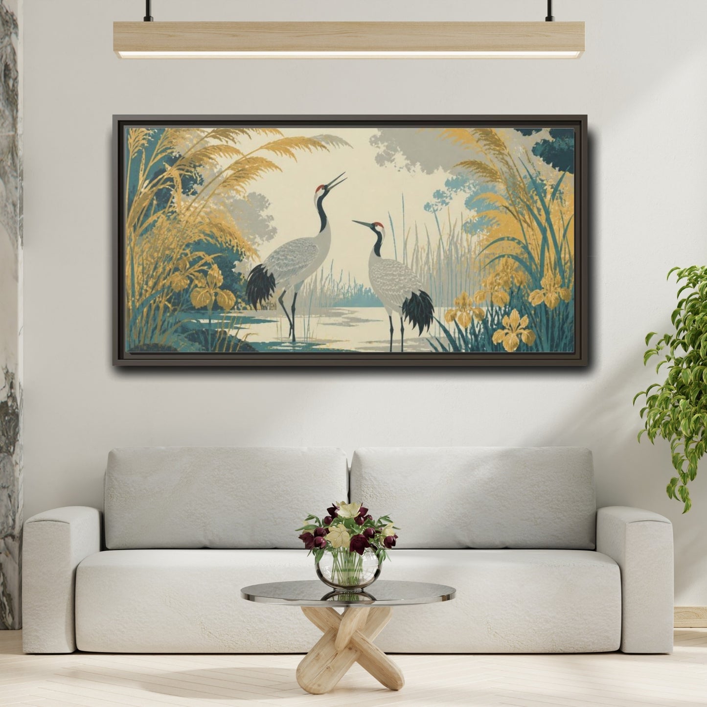 Mockup 2. Nature Crane Pair In Lagoon shown as framed canvas print