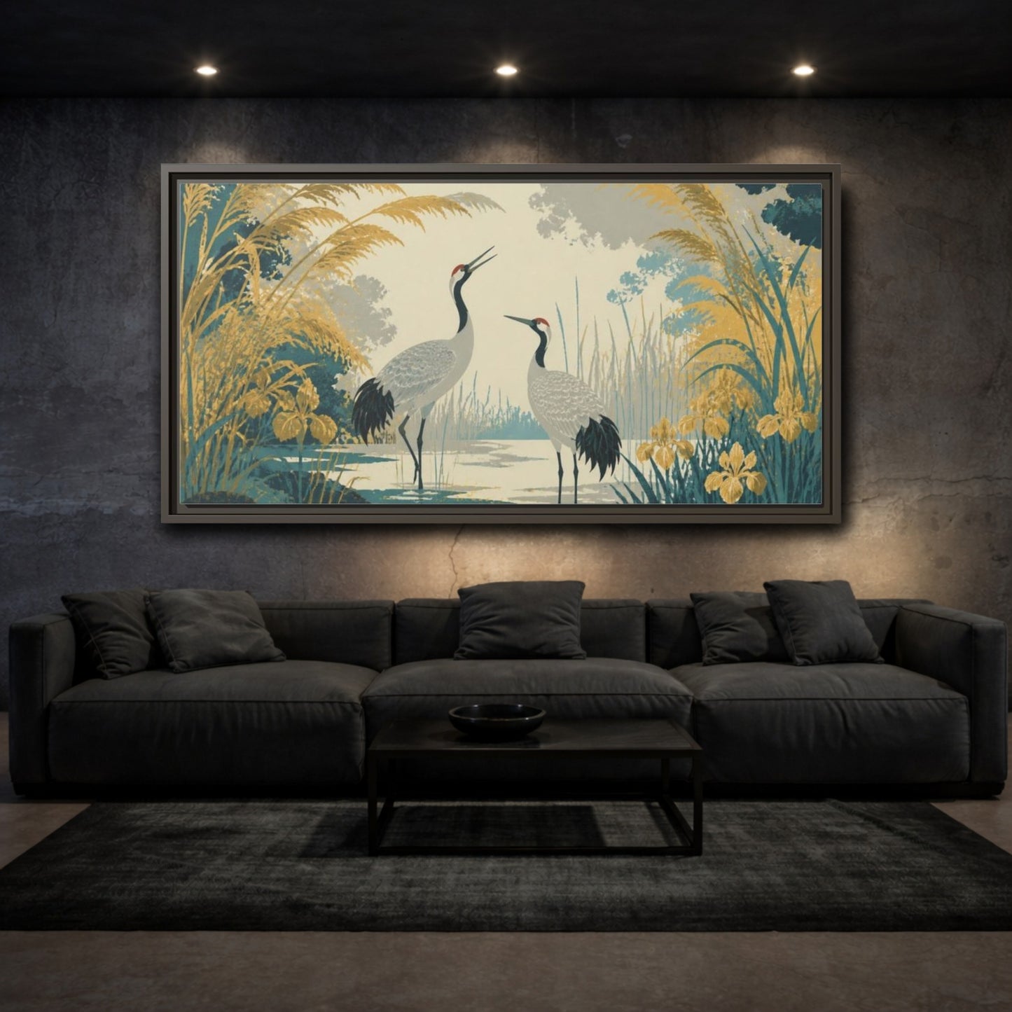 Mockup 3. Nature Crane Pair In Lagoon shown as framed canvas print