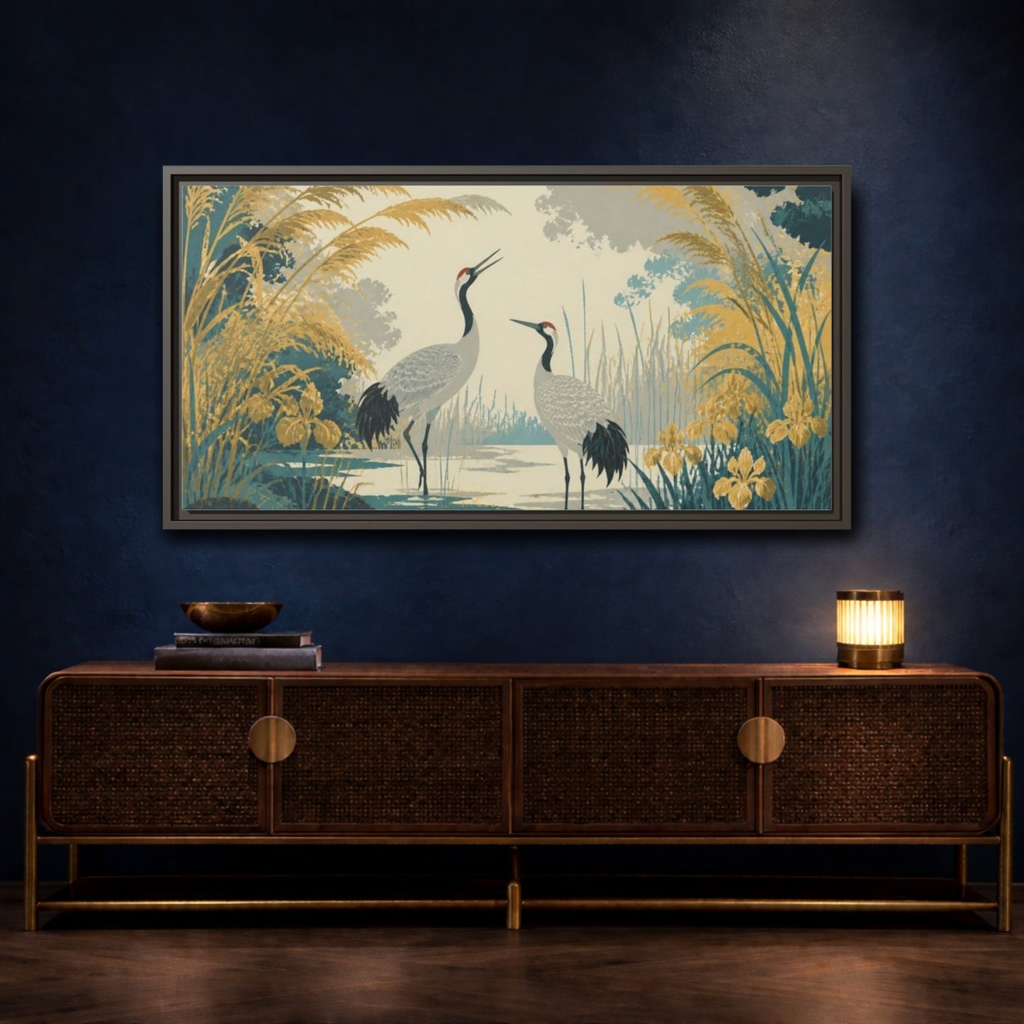 Mockup 4. Nature Crane Pair In Lagoon shown as framed canvas print