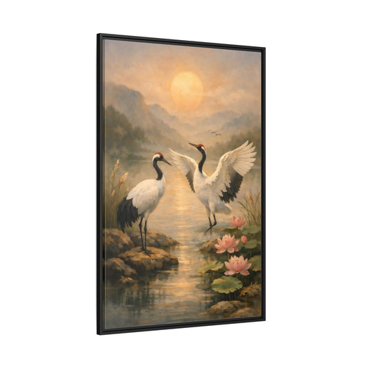 Main Mockup. Nature Cranes Cranes Sunset shown as stretched canvas wall art