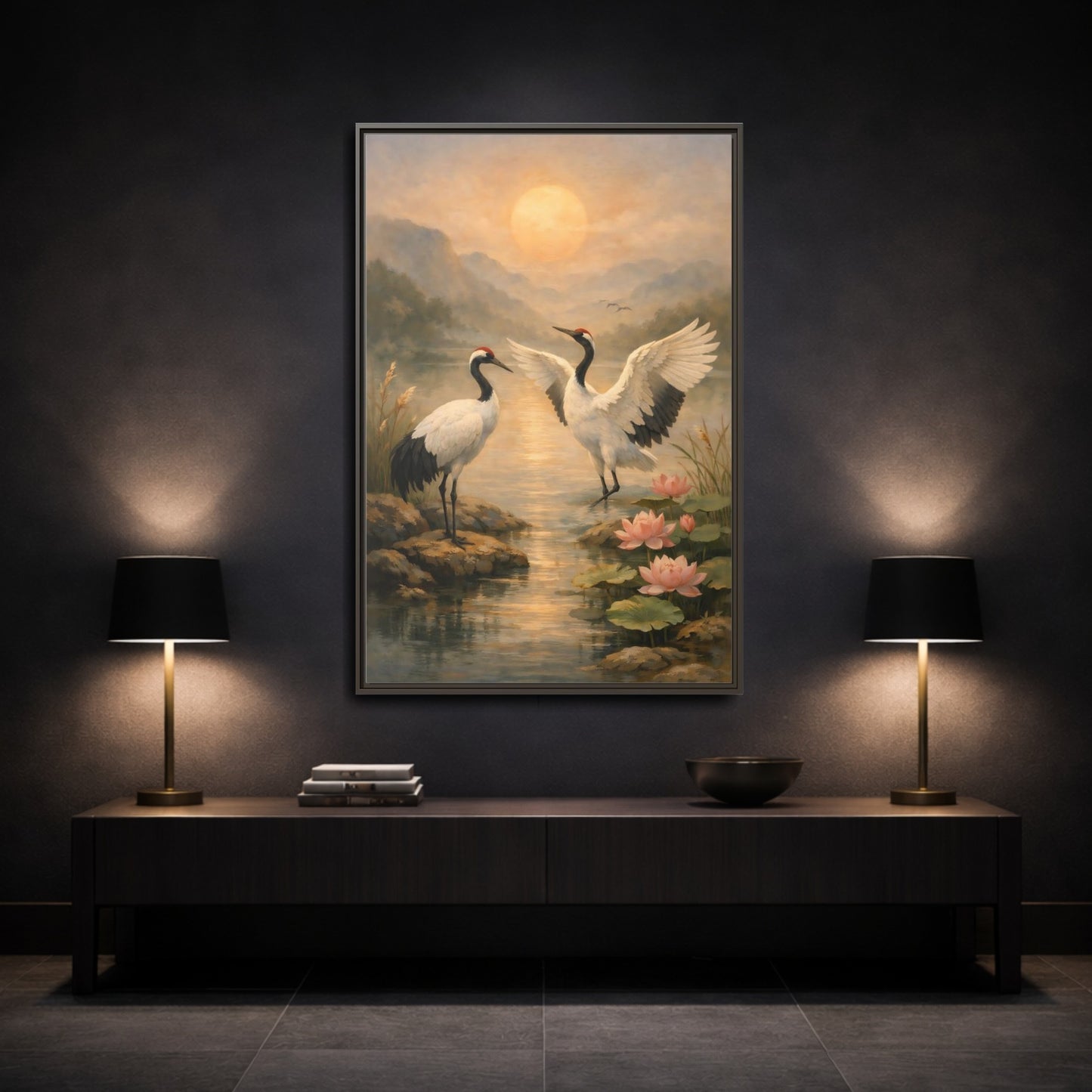 Mockup 2. Nature Cranes Cranes Sunset shown as stretched canvas wall art
