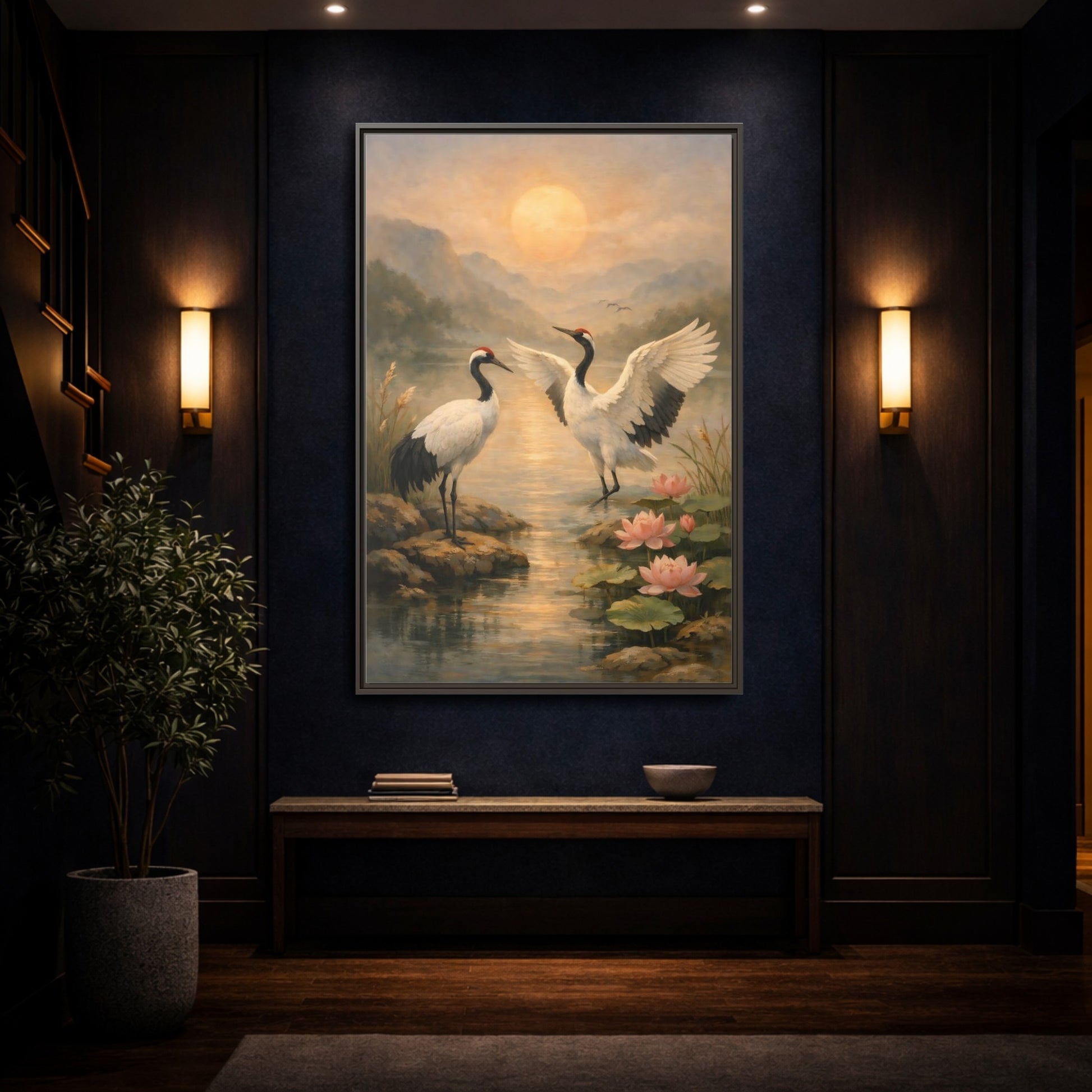 Mockup 3. Nature Cranes Cranes Sunset shown as stretched canvas wall art