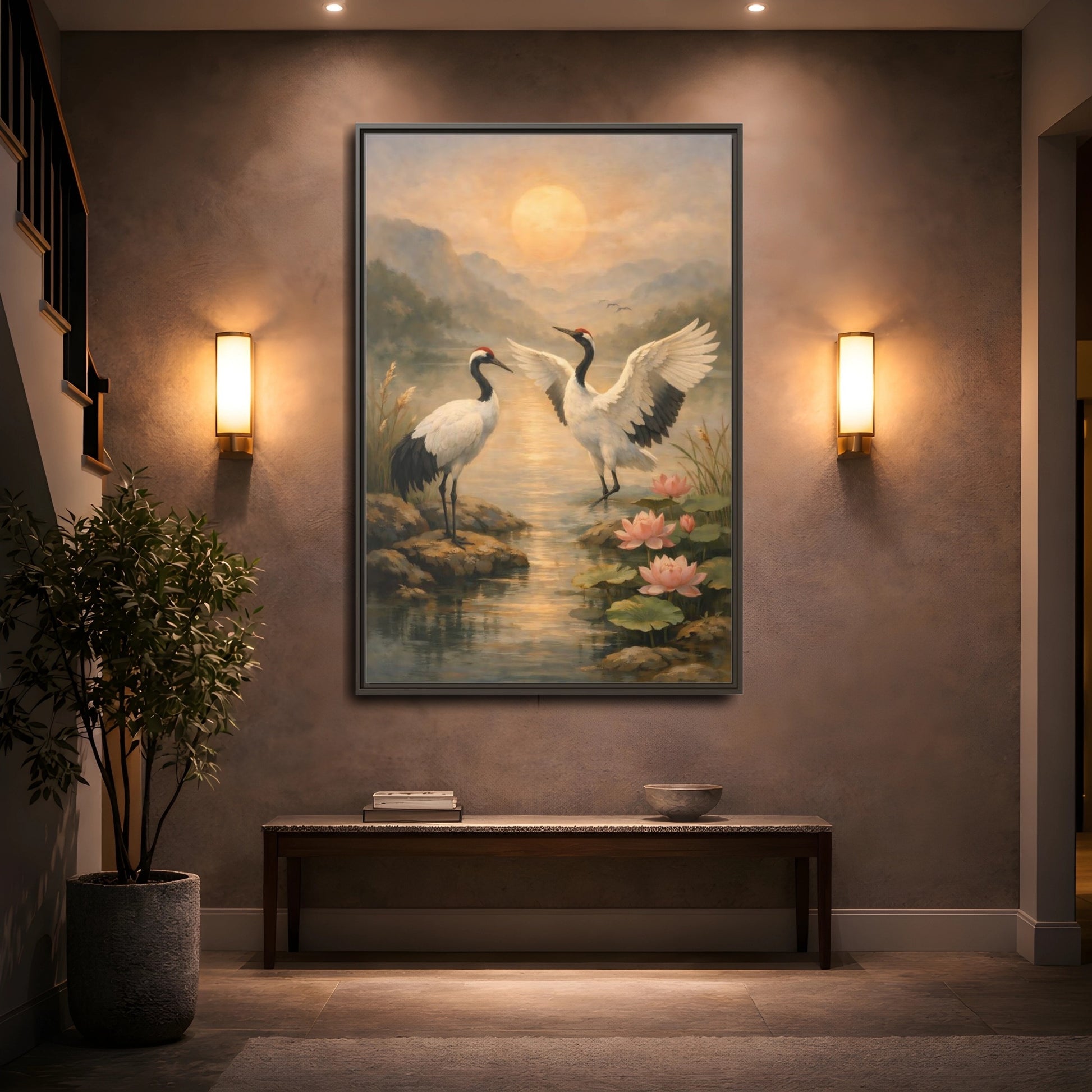 Mockup 4. Nature Cranes Cranes Sunset shown as stretched canvas wall art
