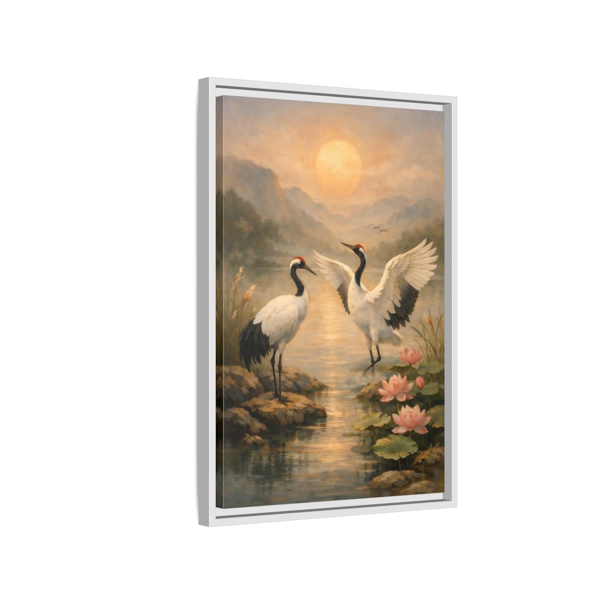 Side Mockup 1. Nature Cranes Cranes Sunset shown as stretched canvas wall art