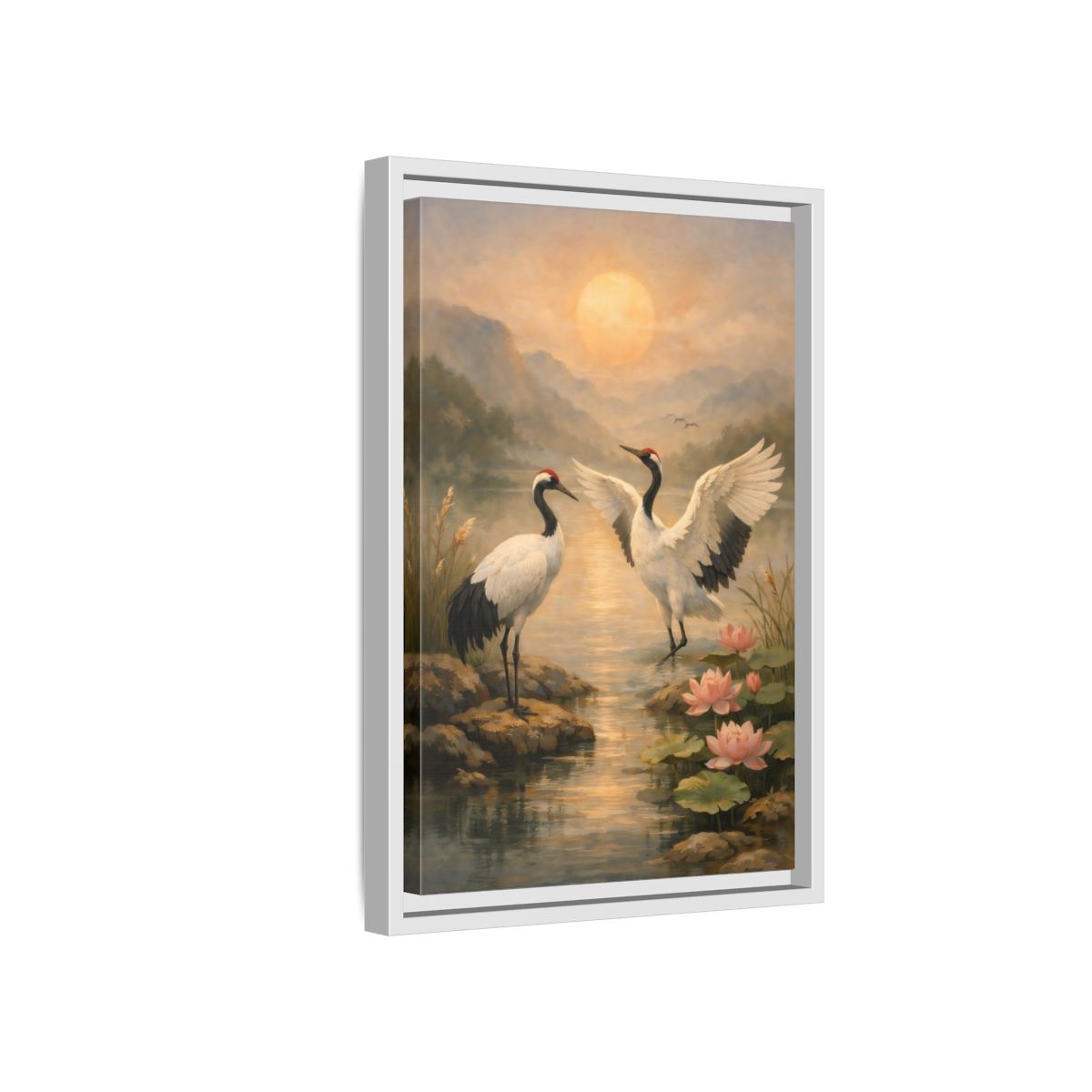 Side Mockup 4. Nature Cranes Cranes Sunset shown as stretched canvas wall art