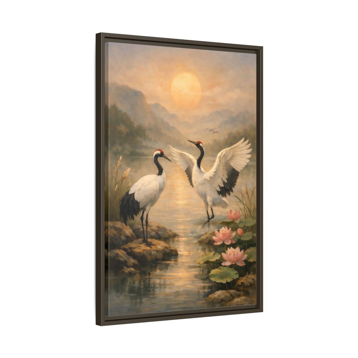 Side Mockup 12. Nature Cranes Cranes Sunset shown as stretched canvas wall art