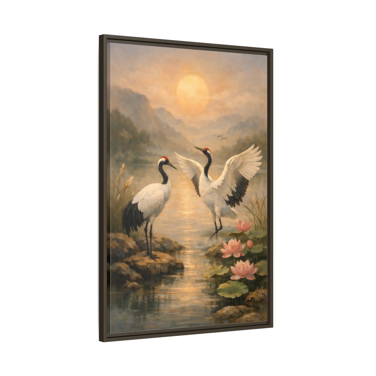 Side Mockup 10. Nature Cranes Cranes Sunset shown as stretched canvas wall art