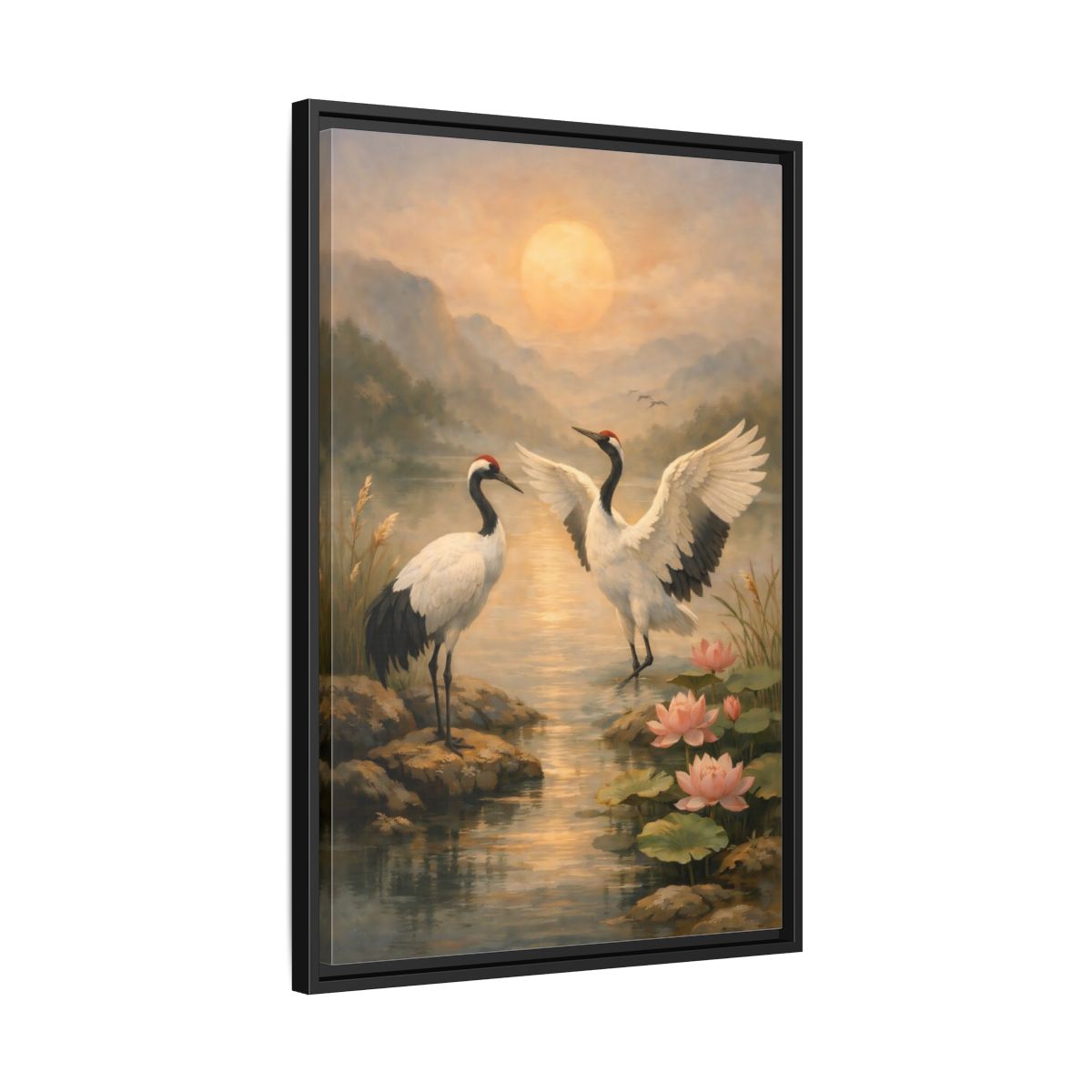 Side Mockup 14. Nature Cranes Cranes Sunset shown as stretched canvas wall art