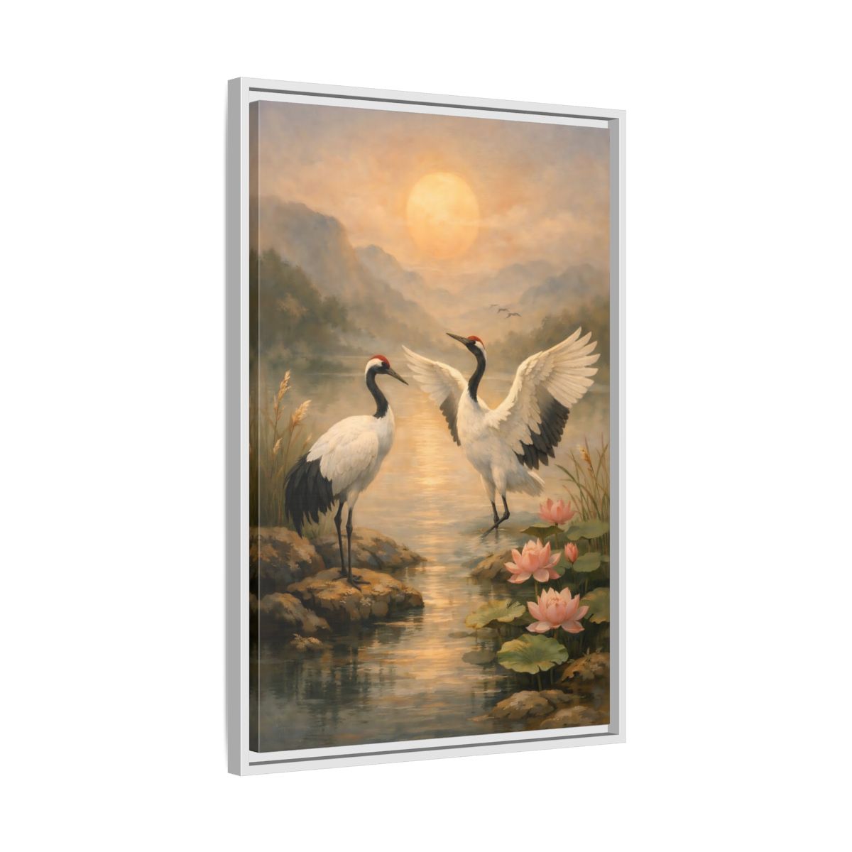 Side Mockup 11. Nature Cranes Cranes Sunset shown as stretched canvas wall art