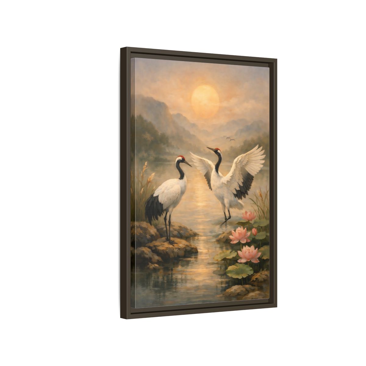Side Mockup 2. Nature Cranes Cranes Sunset shown as stretched canvas wall art