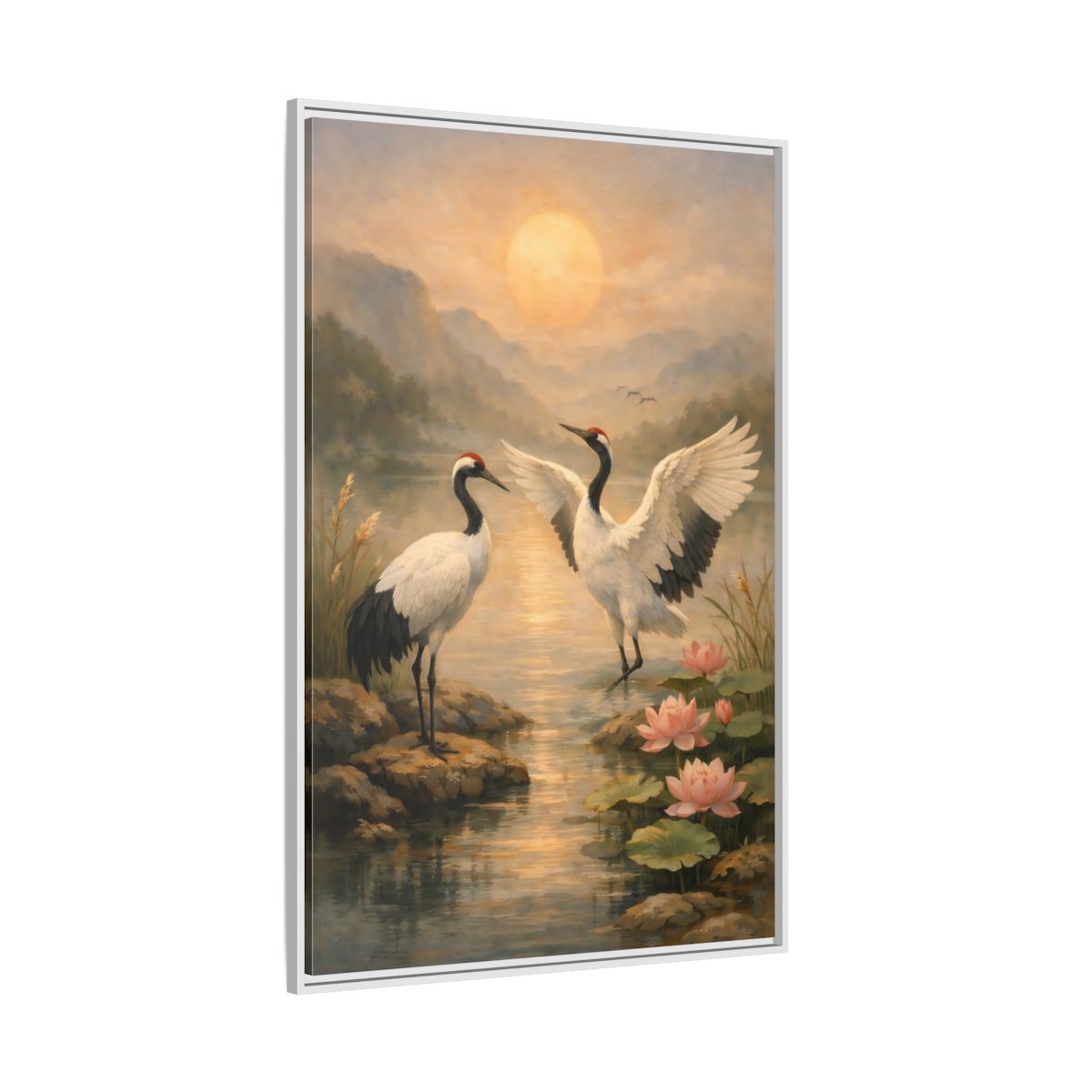Side Mockup 7. Nature Cranes Cranes Sunset shown as stretched canvas wall art